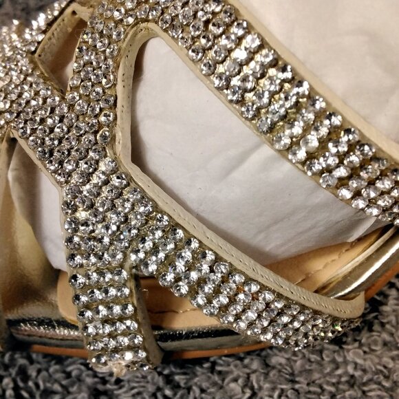 Jewel Badgley Mischka Fidelia Size 6.5 Gold Rhinestone Block Heel Sandals Nib - Picture 10 of 13
